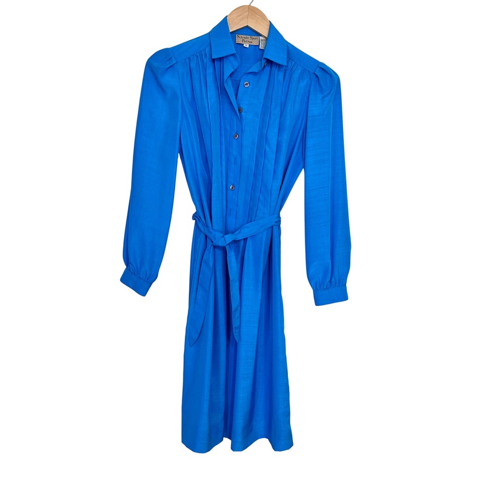 Schrader Sport Petites Vintage 80s Electric Blue Pleated Shirt Dress Size 4P